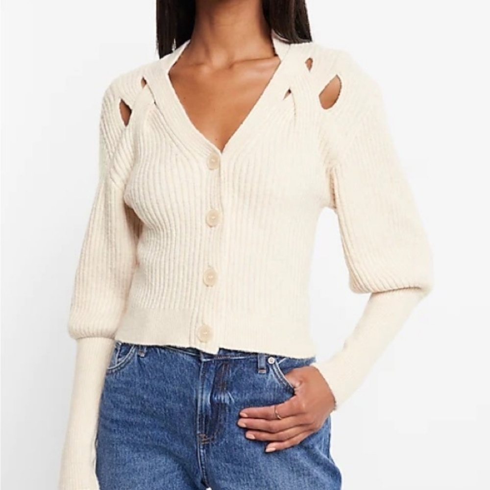 Express V-Neck Balloon Sleeve Criss Cross Cutout Cardigan